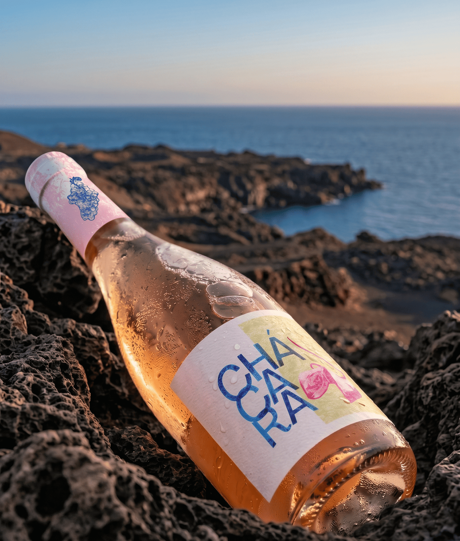 Detalle vertical de la etiqueta del vino rosado Chácara